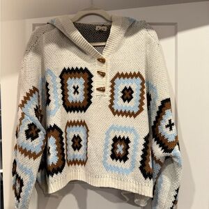 POL Cream and Blue Geometric Cardigan